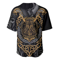 Black short-sleeve baseball jersey with gold Valhalla skull, chains, and rune accents