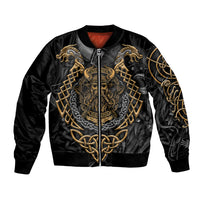 Black unisex bomber jacket with Viking face tattoo graphic and gold chain trim, full zip