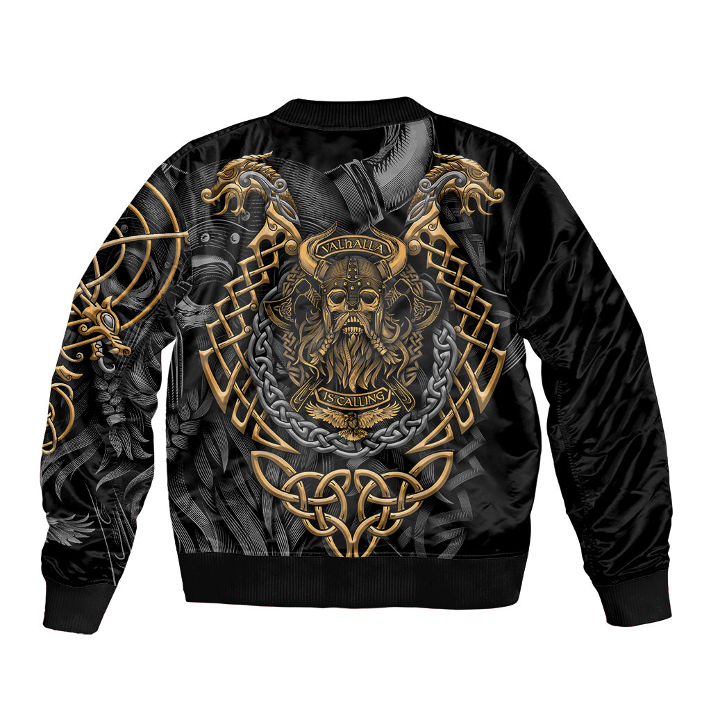 Black unisex bomber jacket with Viking warrior head print, gold braid chain design, ribbed hem
