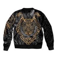 Black unisex bomber jacket with Viking warrior head print, gold braid chain design, ribbed hem