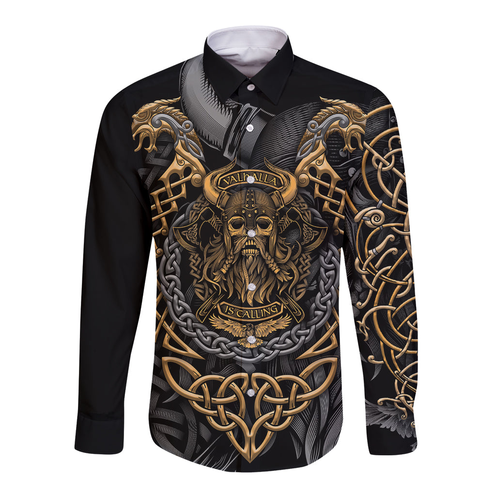 Unisex black long sleeve button shirt with gold and gray Viking warrior front graphic
