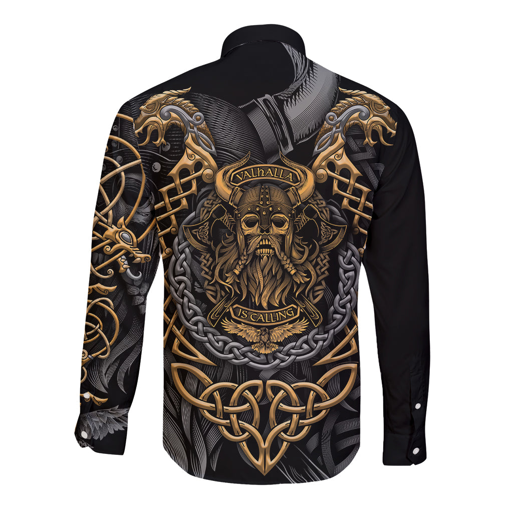 Unisex black long sleeve button shirt with gold and gray Viking warrior back graphic