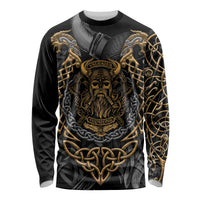Black long-sleeve graphic T-shirt with gold Viking skull, chains, and Valhalla crest