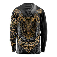 Black long-sleeve shirt with gold Viking skull and chains, side view