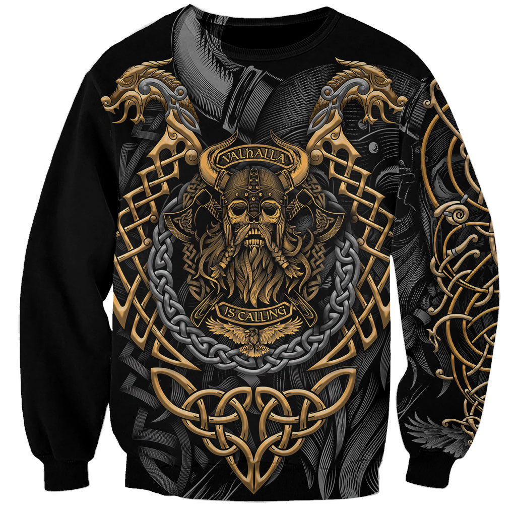 Black unisex sweatshirt with large gold and yellow Viking skull Valhalla graphic