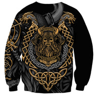 Black unisex sweatshirt, close-up of gold Viking skull and chain Valhalla print
