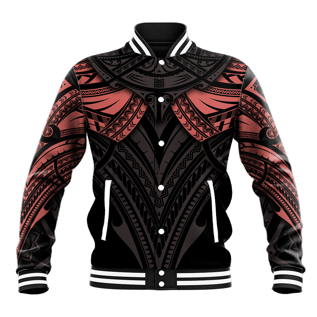 Black and red tattoo-style baseball jacket with button front and striped ribbed collar