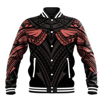 Black and red tattoo-style baseball jacket with button front and striped ribbed collar