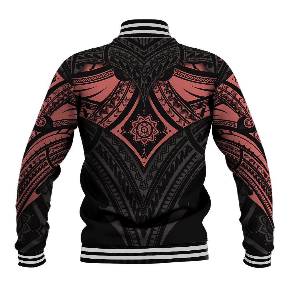 Black and red tattoo-style baseball jacket, back view with central mandala print