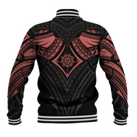 Black and red tattoo-style baseball jacket, back view with central mandala print