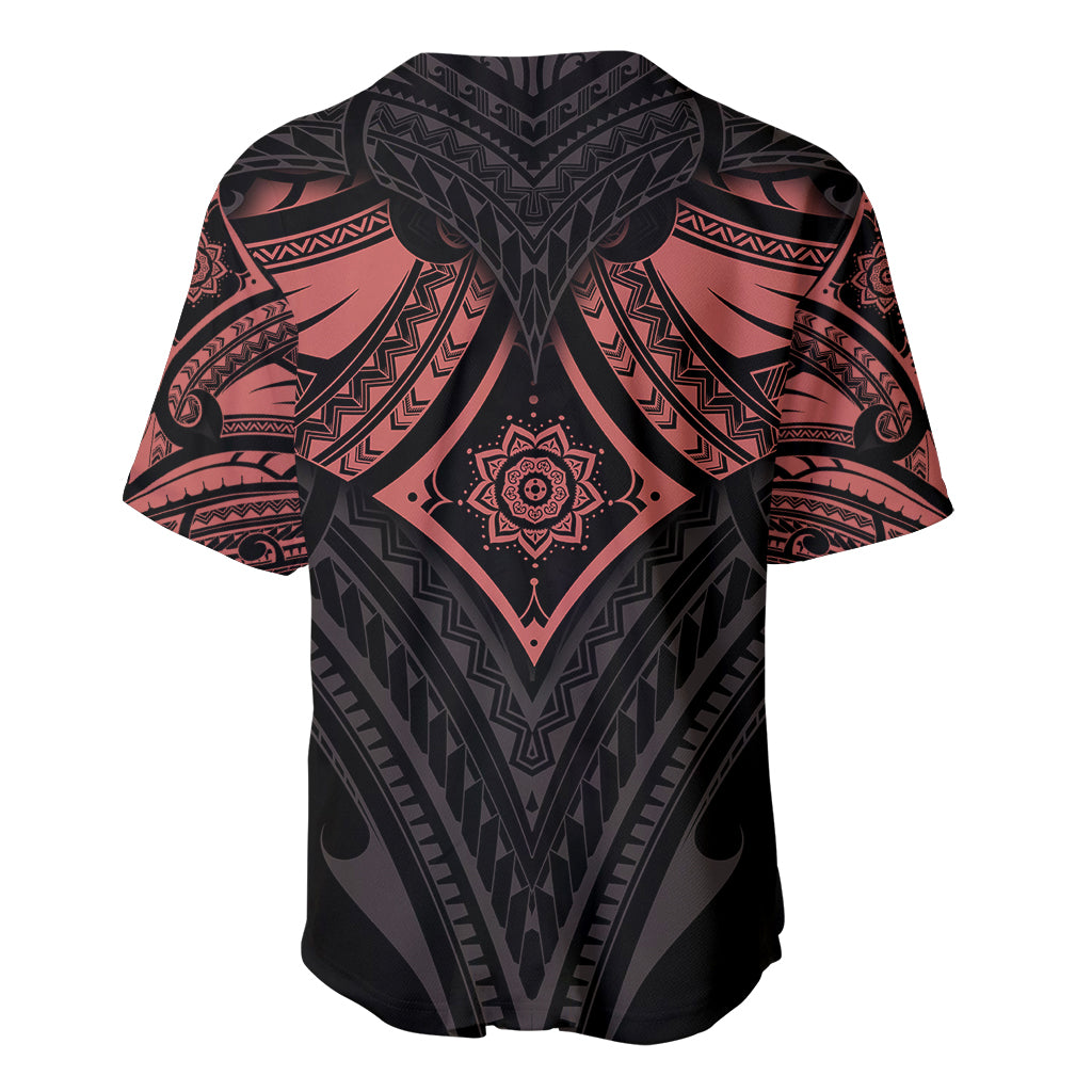 Black baseball jersey back view with large red mandala and geometric tribal patterns