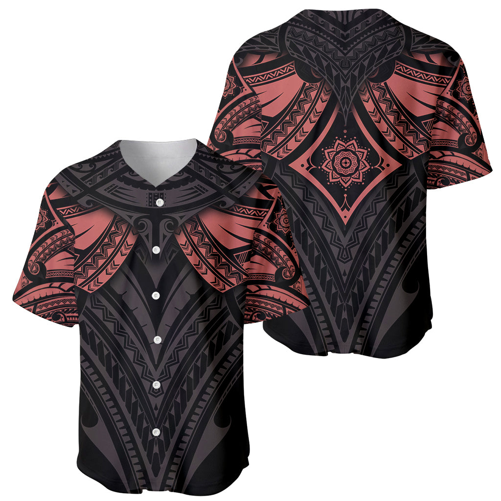 Black baseball jersey set showing front and back, with red mandala tribal graphics