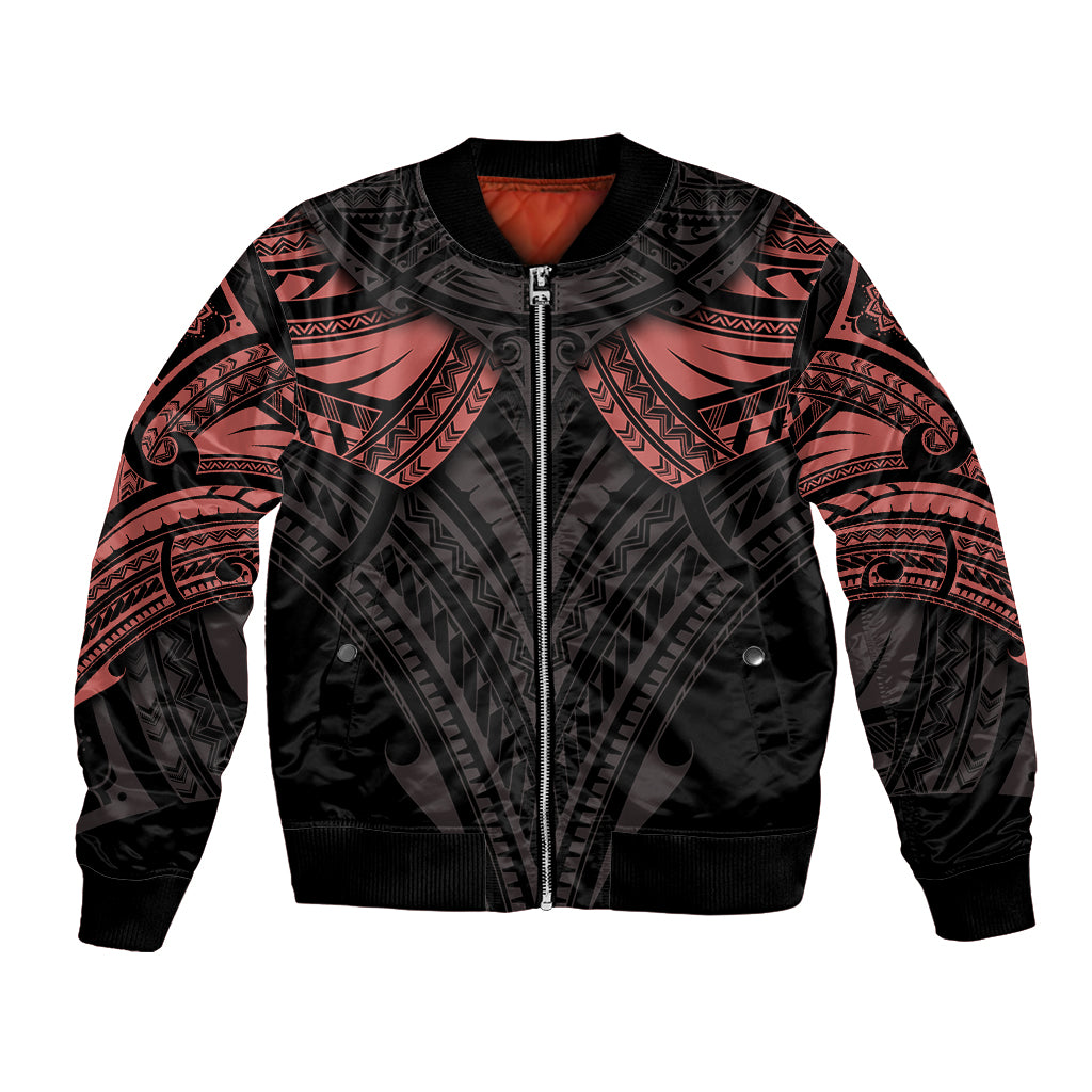 Black bomber jacket with red Polynesian mandala graphics, full front zipper, ribbed hem