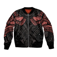 Black bomber jacket with red Polynesian mandala graphics, full front zipper, ribbed hem