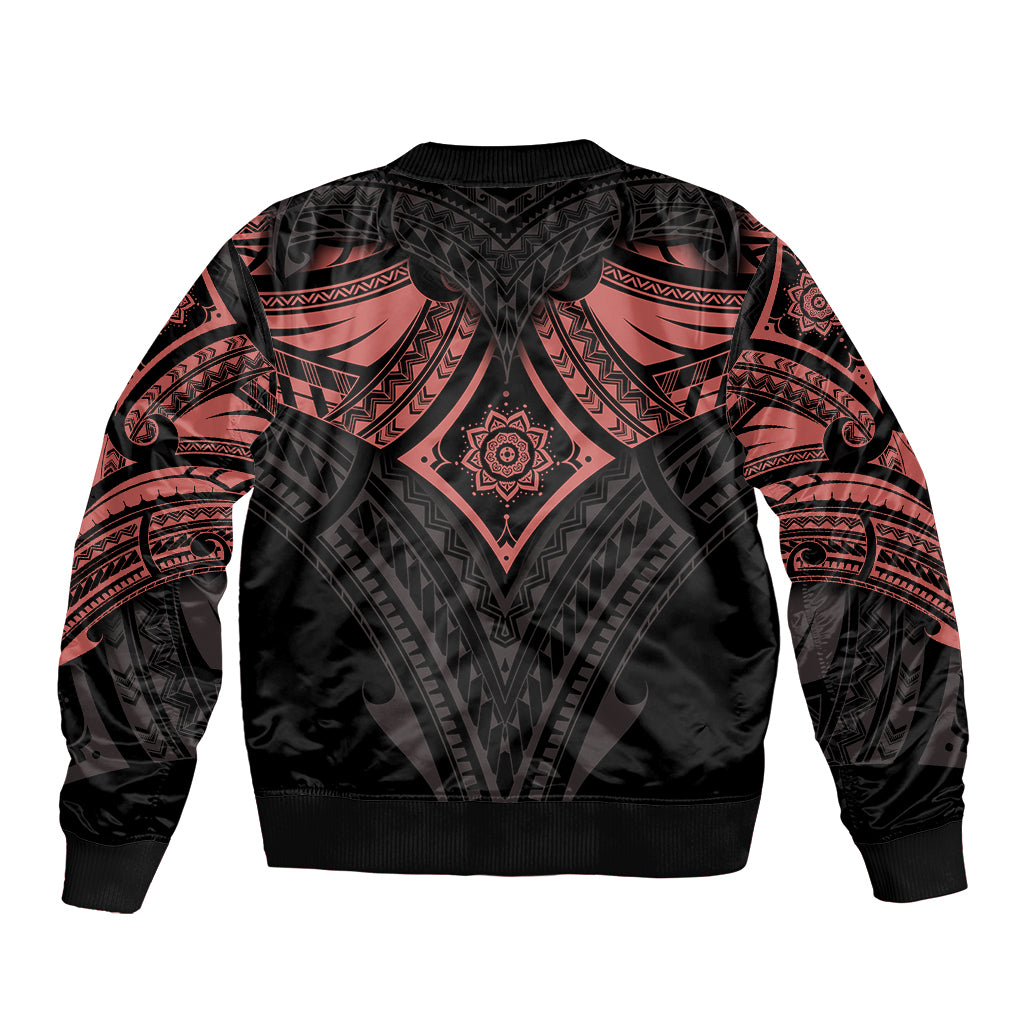 Black bomber jacket with red Polynesian mandala back graphic, ribbed cuffs and hem