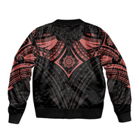 Black bomber jacket with red Polynesian mandala back graphic, ribbed cuffs and hem