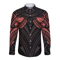 Black long-sleeve button shirt, red tribal mandala and geometric tattoo pattern.