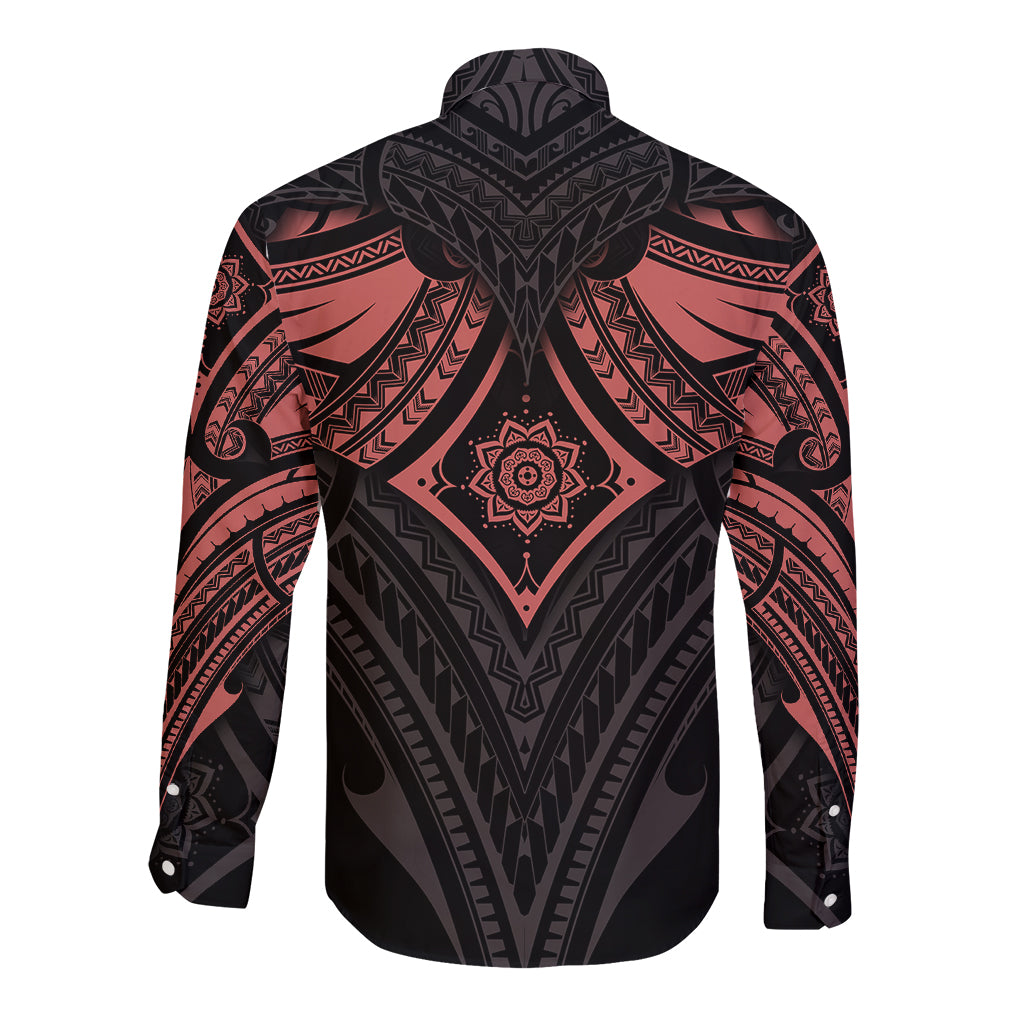 Black long-sleeve button shirt back with red tribal mandala diamond and geometric pattern.