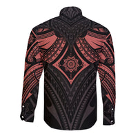 Black long-sleeve button shirt back with red tribal mandala diamond and geometric pattern.