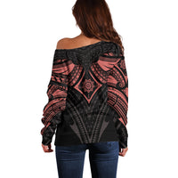 Women's off-shoulder sweater in black with red and gray mandala tattoo print on back