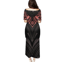 Black long puletasi dress back view with mandala tattoo pattern, short sleeves