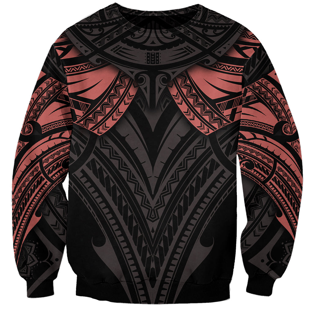 Black crewneck sweatshirt with red and gray tribal mandala tattoo-style front graphic