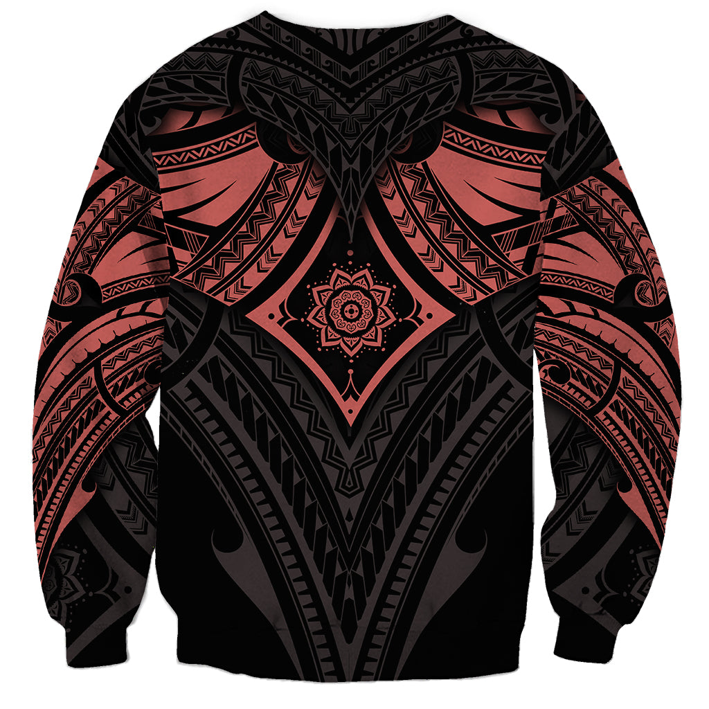 Black crewneck sweatshirt with red and gray mandala tattoo-style emblem at center