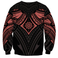 Black crewneck sweatshirt with red and gray mandala tattoo-style emblem at center