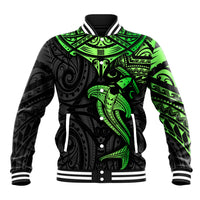 Black baseball jacket with neon green tribal hammerhead shark design, snap front