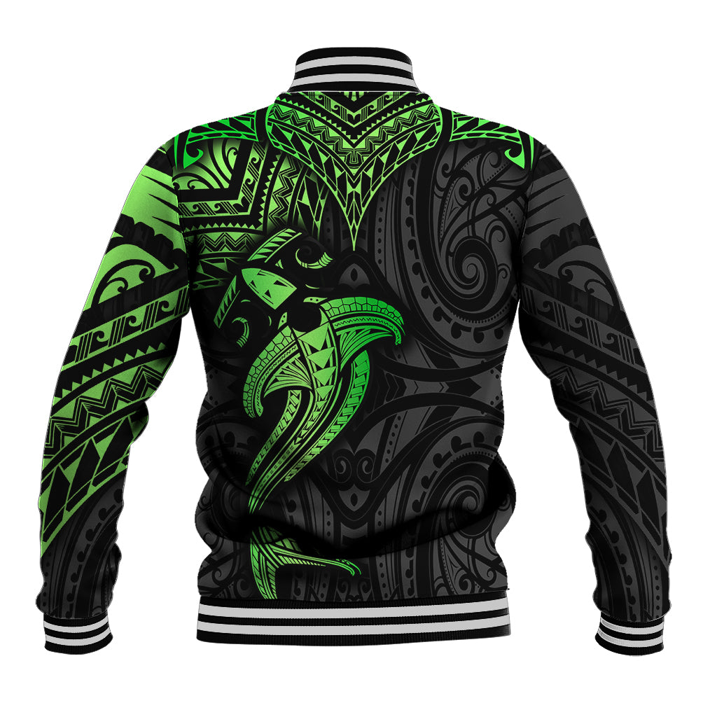 Black baseball jacket with neon green tribal pattern and large shark graphic on back