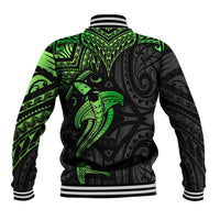 Black baseball jacket with neon green tribal pattern and large shark graphic on back