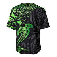 Green and black Polynesian baseball jersey with tribal shark graphic, rear view