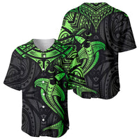 Black and green Polynesian baseball jersey with tribal hammerhead shark graphic, side view