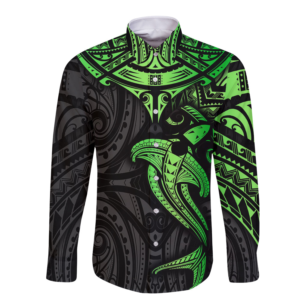 Long-sleeve button shirt, black with neon-green tribal shark print, front
