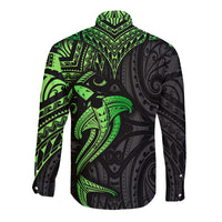 Long-sleeve button shirt, black with neon-green tribal shark print, angled view