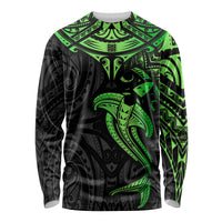 Unisex long-sleeve shirt with black base and neon green tribal hammerhead shark print