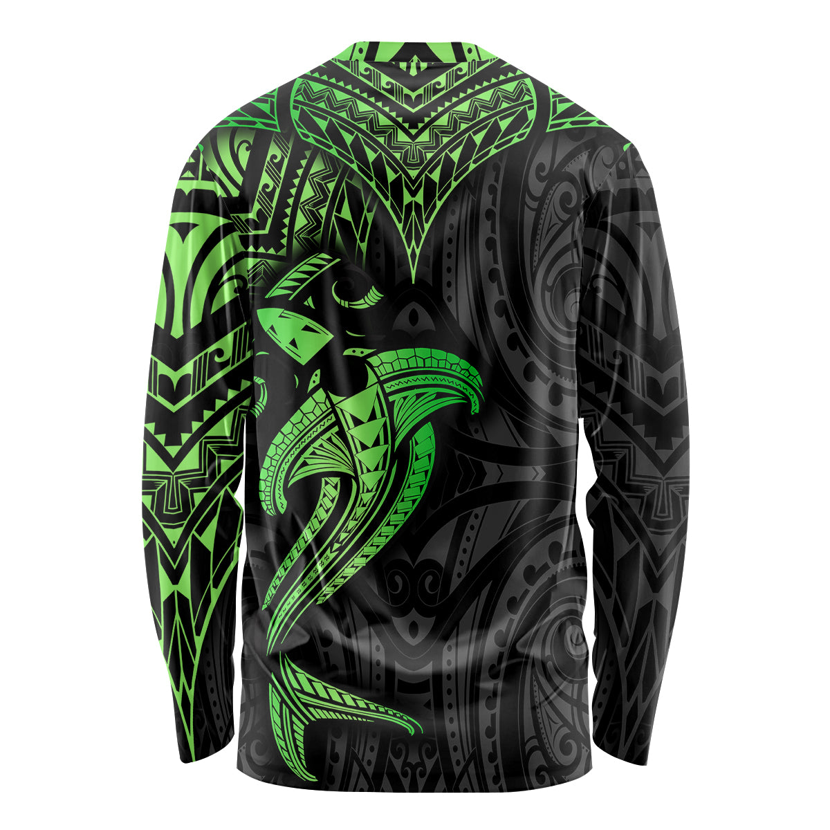 Unisex long-sleeve shirt back with black-and-neon green tribal patterns and shark graphic
