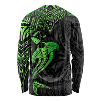 Unisex long-sleeve shirt back with black-and-neon green tribal patterns and shark graphic