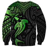 Unisex sweatshirt back view with neon green hammerhead shark tribal print on black