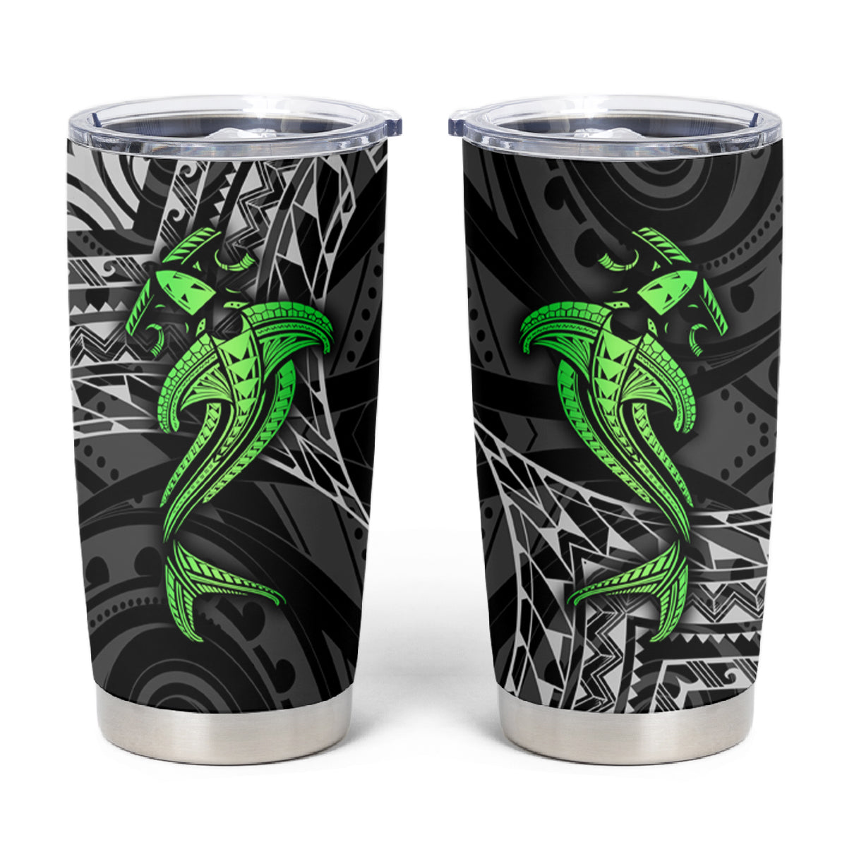 Polynesian Tumbler Cup Hammerhead Shark Tribal Pattern Black Green Version - Wonder Print Shop