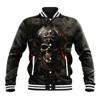 Black baseball jacket with button front, pirate skull graphic and striped trim at collar and cuffs