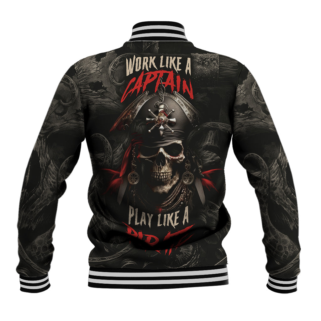 Black baseball jacket with ribbed collar and cuffs, pirate skull graphic on back