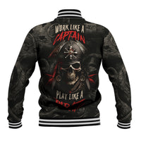 Black baseball jacket with ribbed collar and cuffs, pirate skull graphic on back