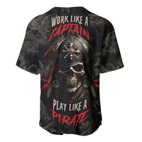 Black baseball jersey with pirate skull graphic, red accents, button front and V-neck