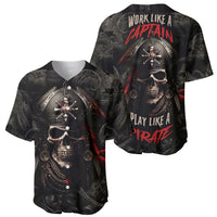 Black baseball jersey set showing front and back with pirate skull graphics and red text