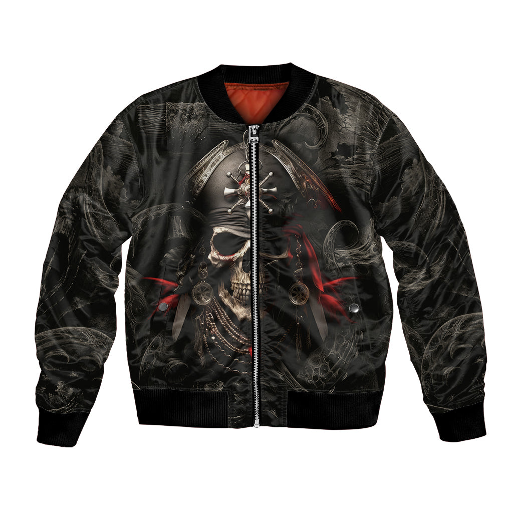 Black bomber jacket with pirate skull front, full zipper, and red trim accents