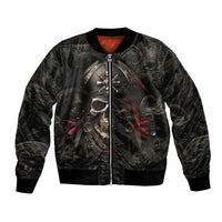 Black bomber jacket with pirate skull front, full zipper, and red trim accents