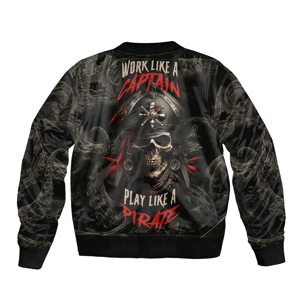 Black bomber jacket with pirate skull back print and ribbed collar and cuffs