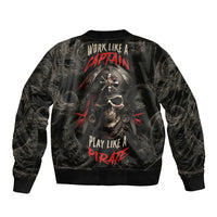 Black bomber jacket with pirate skull back print and ribbed collar and cuffs