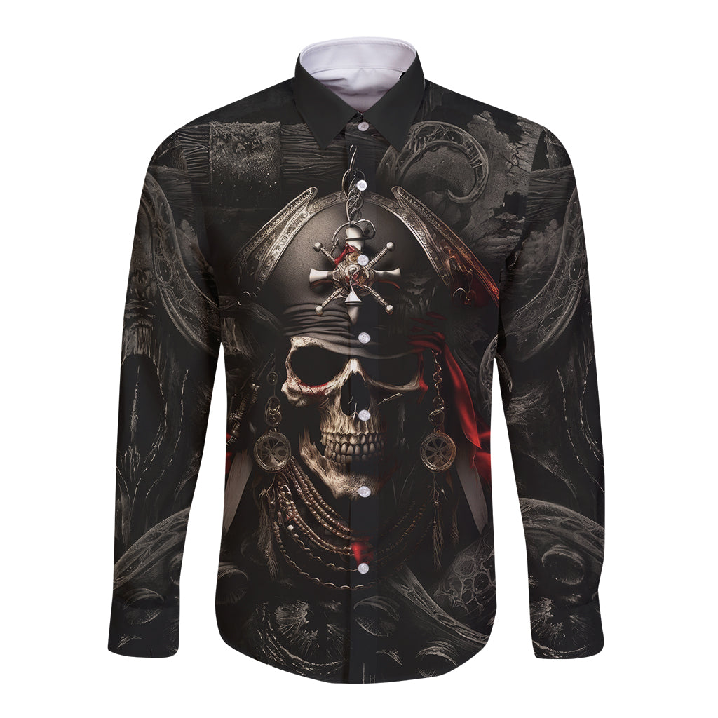 Black long-sleeve button shirt with front pirate skull and sword graphic, red details.